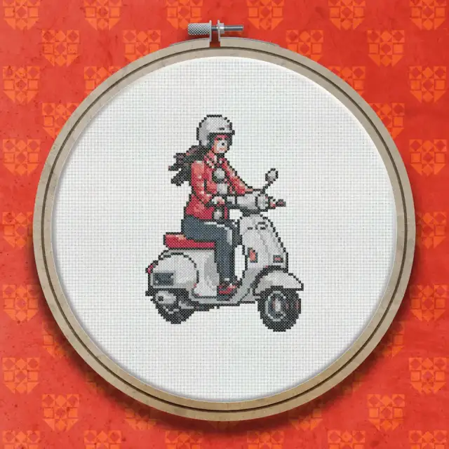 Scooter Rider in Red cross stitch pattern