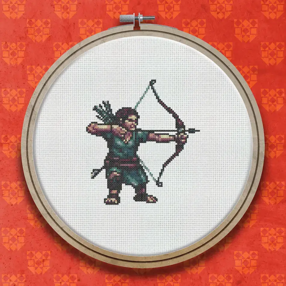 Pixel-style cross stitch design of a medieval archer in green and brown, kneeling with a bow drawn and arrow aimed, ready to shoot.