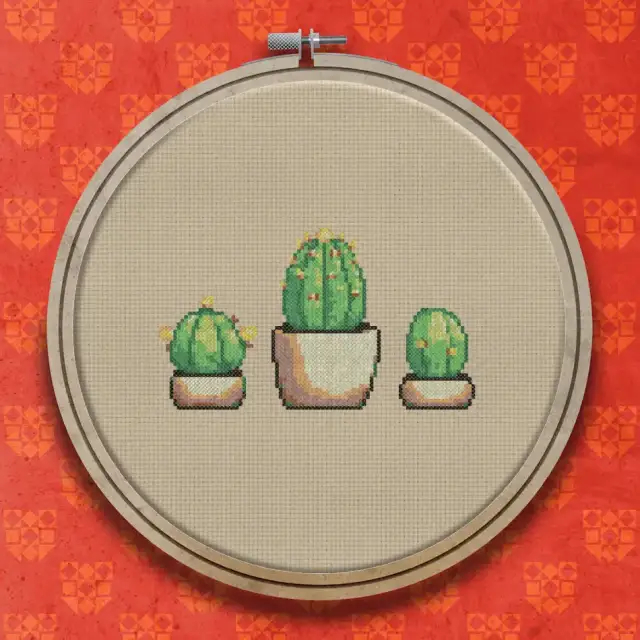 Trio of Potted Cacti cross stitch pattern