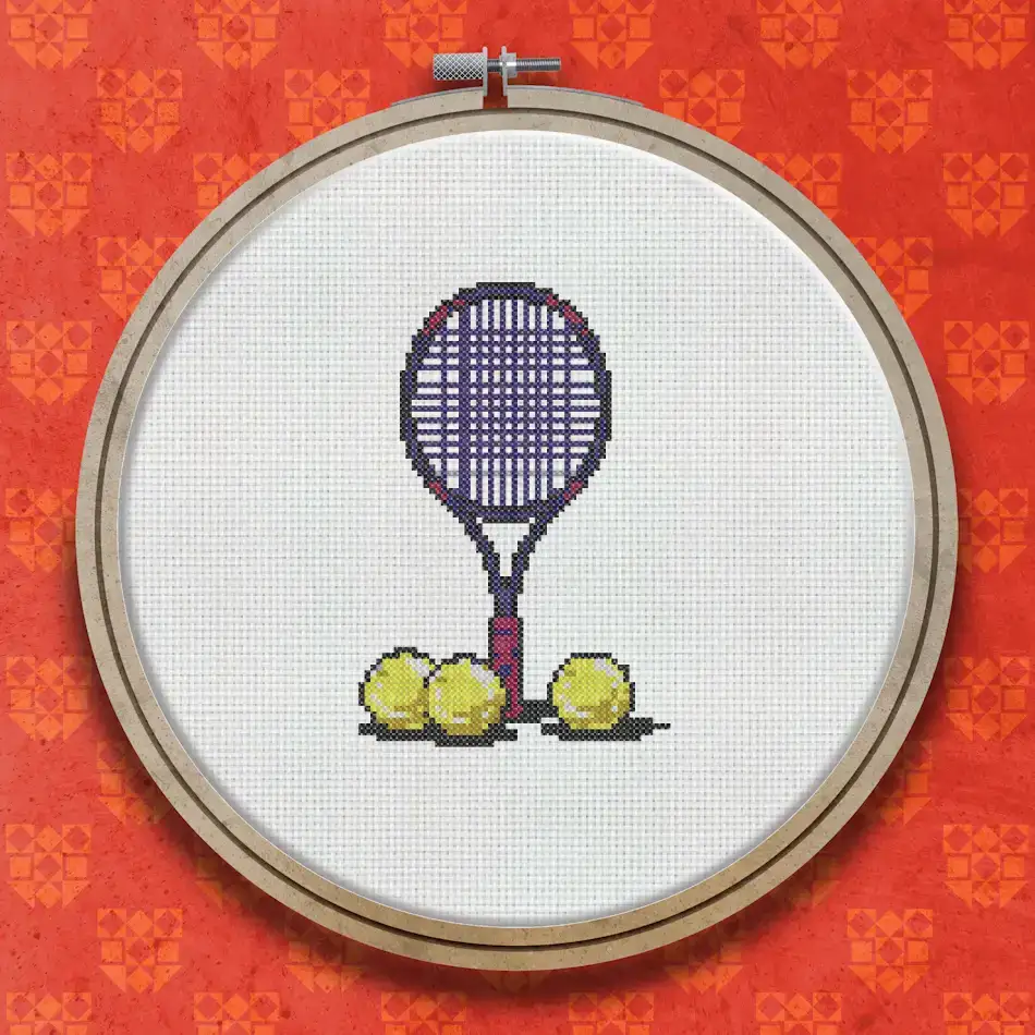 Cross stitch design of a purple tennis racket with a dark handle standing upright beside three yellow tennis balls on a white background.
