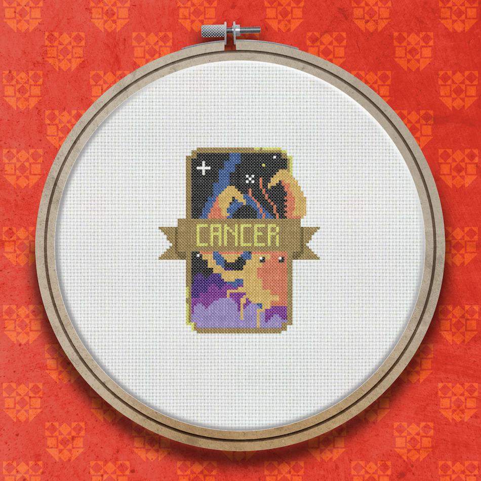Cross stitch pattern showing a glowing orange crab constellation on a dark teal starry background with the word Cancer on a banner