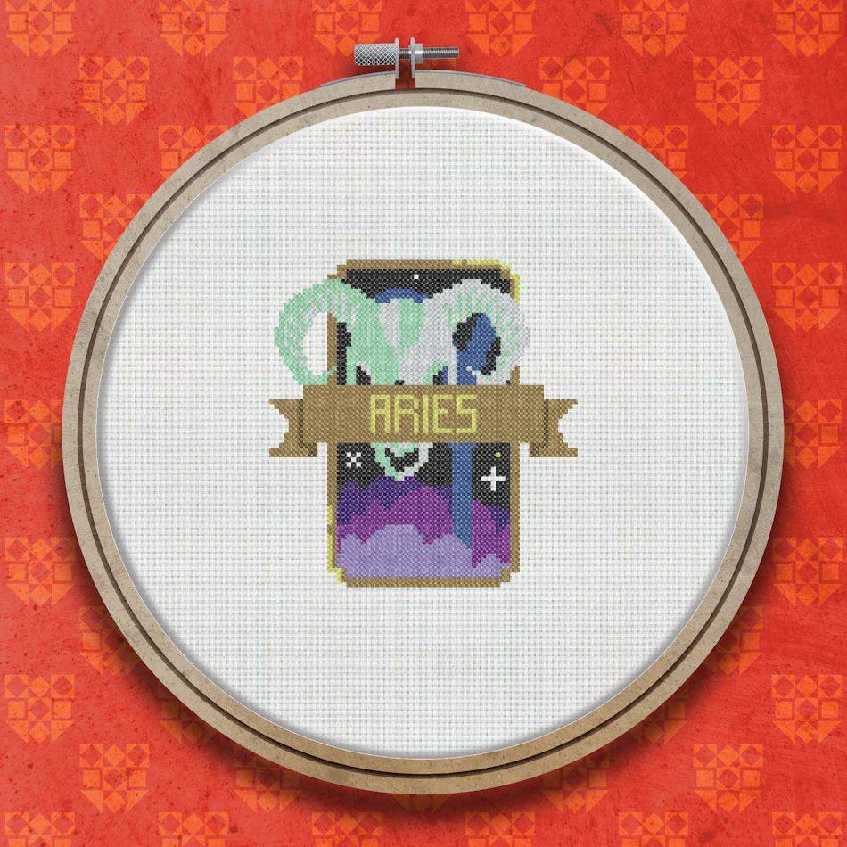 Cross stitch design showing the Aries ram symbol on a teal banner with a purple celestial swirl above and the word ARIES below