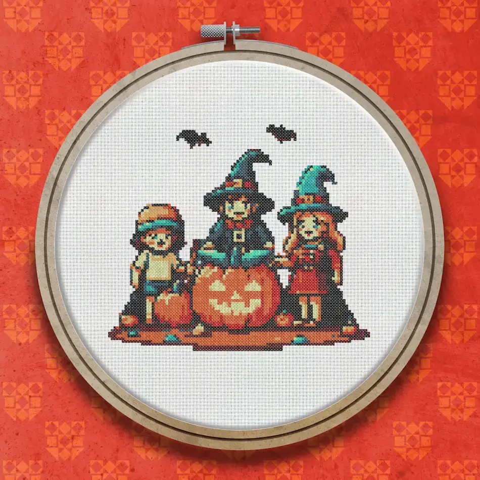 Three children in Halloween costumes including witches' hats gathered around an orange carved jack-o-lantern pumpkin against a dark background with bats.