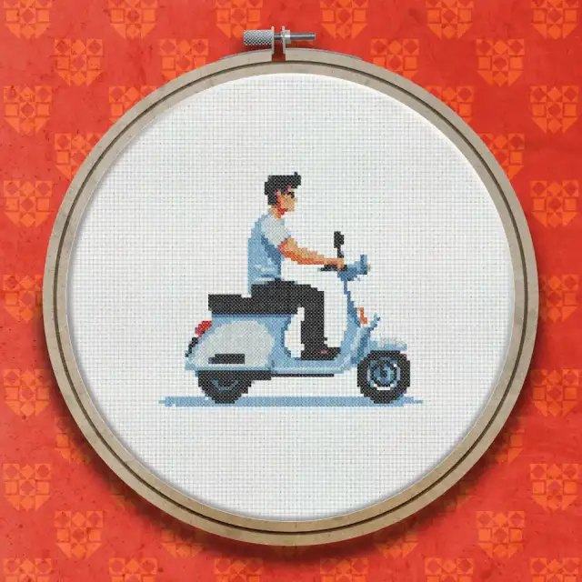 Riding A Scooter cross stitch pattern
