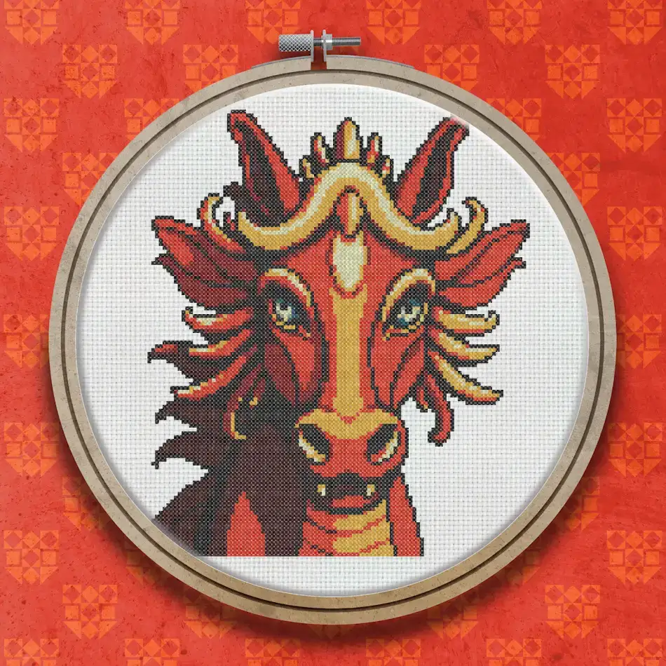 Cross stitch portrait of a red and orange dragon horse with a flowing mane, golden highlights, and an expressive face on a dark background.