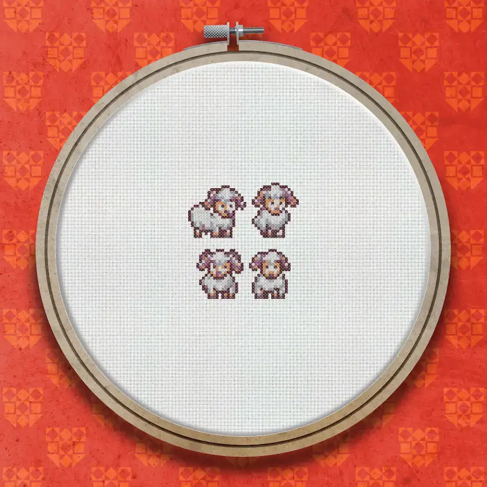 Four small pixel-style sheep arranged in a grid, each with a pink fluffy body and a light pink face, shown in a sprite-sheet style layout.